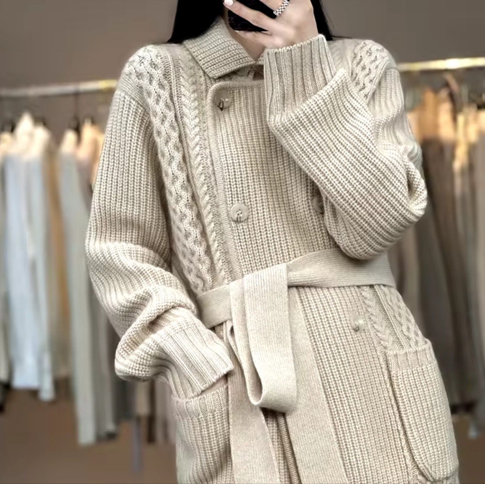 cardigan women's lace-up suit collar thick loose mid-length  sweate - Picture 5 of 9